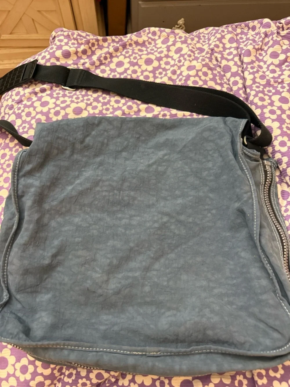 Kipling Madhouse Expandable Slate Blue Messenger Bag with Black Strap